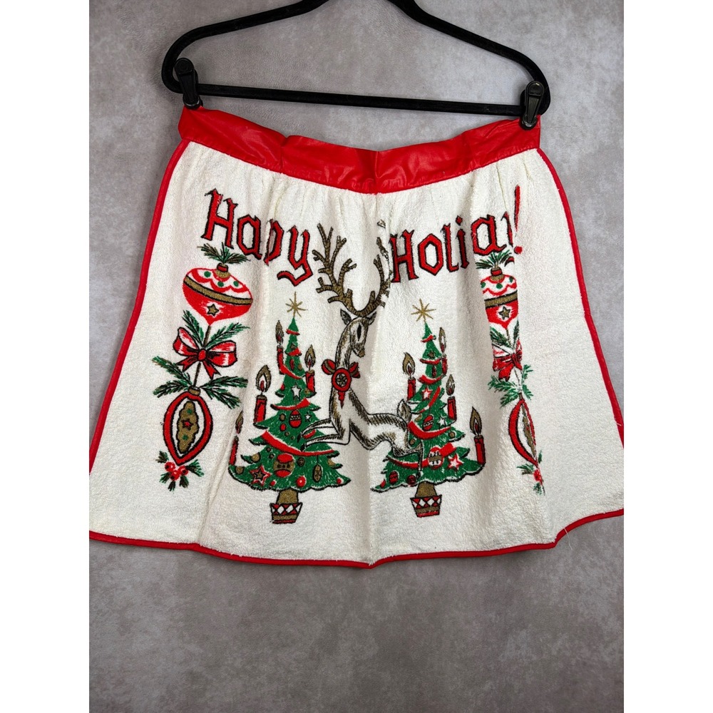 ILGWU Vintage 70s Christmas Half Apron Womens OS White Red Reindeer Terry Cloth